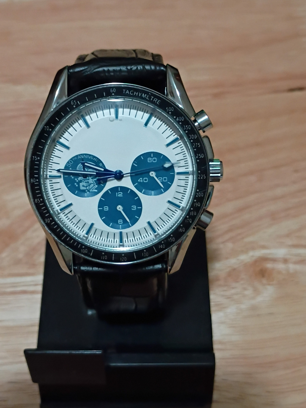 Men's Black Leather Chronograph Watch with Blue Subdials